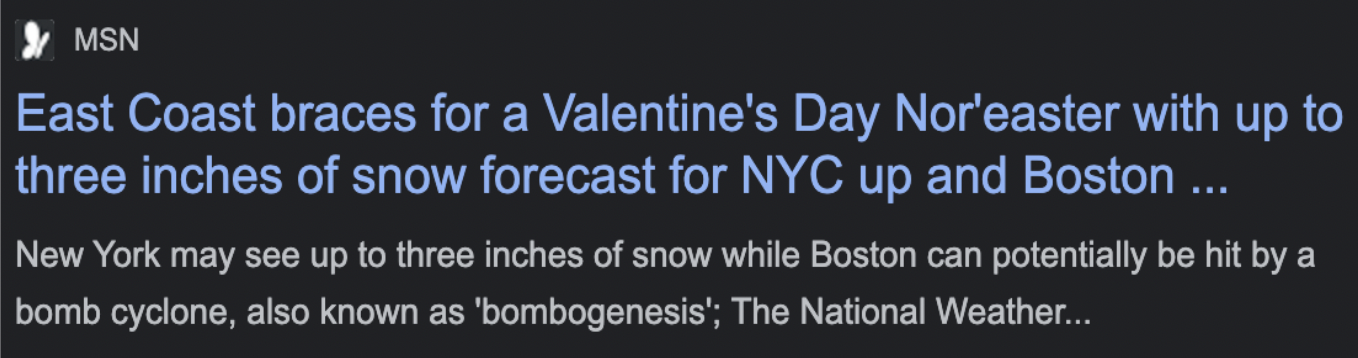 Screenshot of news article about Nor'easter