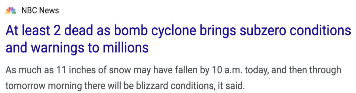 Screenshot of news article about bomb cyclone